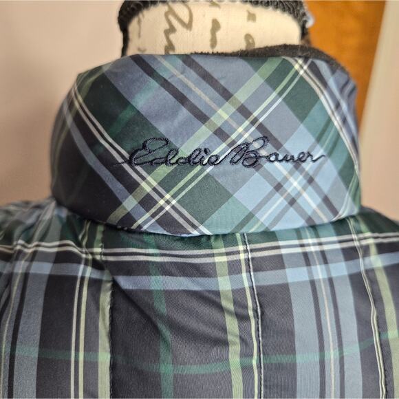 Eddie Bauer Womens Premium Goose Down Vest Blue Green Plaid Quilted Zip Small - Picture 7 of 13